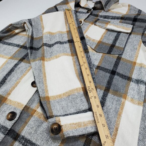 Miss Sparkling Shacket Coat Jacket Womens Large Flannel Long Plaid Tan Grey New - Picture 9 of 15